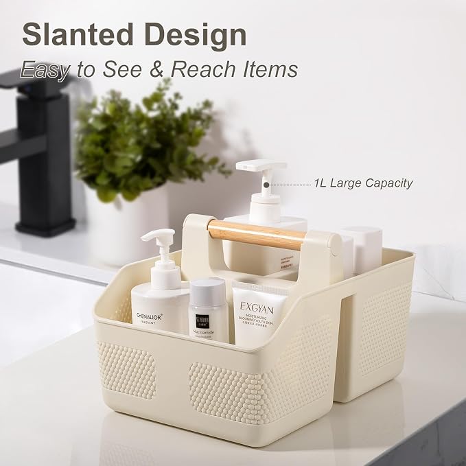 Plastic Shower Caddy Portable Shower Basket with Bamboo Handle, Cream | Cleaning Caddy Organizer Storage Tote for Bathroom, College Dorm Essentials, Bath Toy Storage - Image 2
