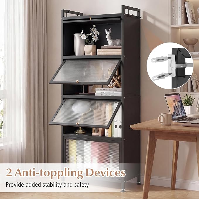 GIANTEX 5-Tier Kitchen Storage Cabinet, 4 PC Doors, Rolling Wheels, Black | Mobile Metal Pantry Cabinet with 4 Hooks & Adjustable Feet, 60" Baker's Rack Microwave Stand for Dining & Living Room - Image 7