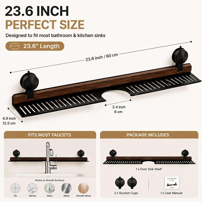Bathroom Over Sink Shelf, 23.6 Inch No Drill Sink Organizer | Bathroom Counter Storage Rack for Toothbrush, Soap, Skincare and Accessories, Black - Image 3