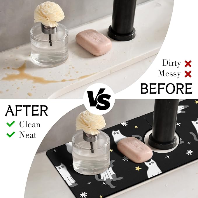 Halloween Kitchen Sink Splash Guard Faucet Mat,Black Cats Ghosts Halloween Faucet Non-Slip Absorbent Mat,Farmhouse Sink Splash Guard Behind Faucet for Kitchen Bathroom,15"x5.5" - Image 3