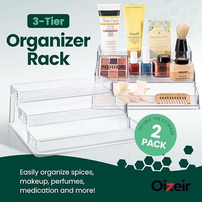 Oizeir Clear Acrylic 3-Tier Spice Rack, Cabinet Pantry Organizer | Clear Acrylic Spice Rack Organizer, 3 Tiers, Deep Shelf, for Cabinet Pantry Countertop, Seasoning Condiment Storage - Image 2