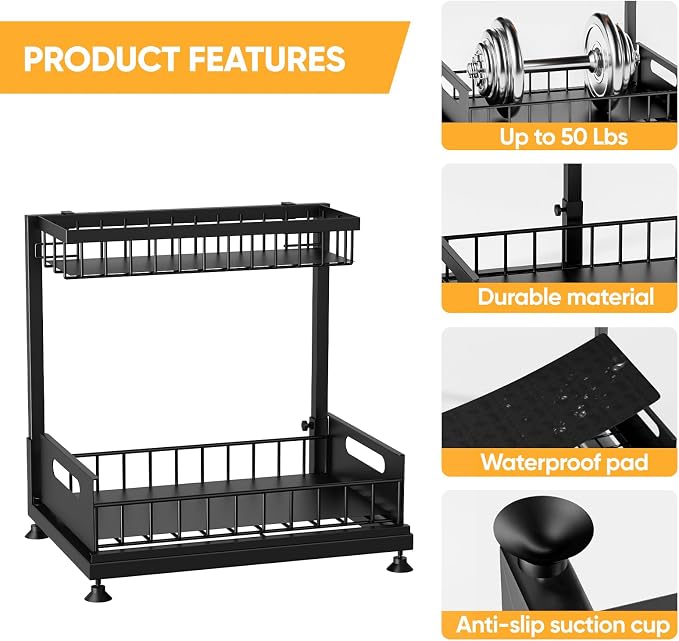 L-Shaped Under Sink Organizer, 2-Tier Pull-out Cabinet Rack 1-Pack | Black Height-Adjustable Steel Rack, Sliding Grid Drawers with PP Liners, Holds 100 Lbs, Suction Base, Ideal Kitchen Storage - Image 7