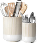LE TAUCI Utensil Holder for Kitchen Counter, 7.3"+5.4" Fluted Ceramic Utensil Crock Organizer for Countertop, Heavy Large Holder for Spatulas, Spoons, Set of 2, Warm White Glaze by LETAUCI