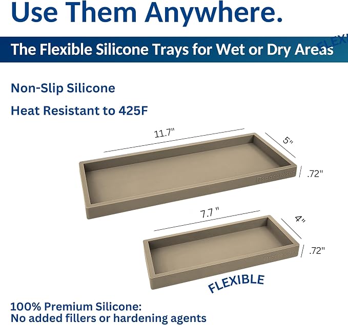 Countertop & Vanity Silicone Tray – 2 PC (11.7" & 7.7") Set | Bathroom Tray & Kitchen Soap Tray Set, Bathroom Counter Tray, Kitchen Sink Dish Soap Tray for Countertop Organization - Image 3