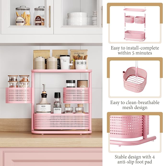 KINGRACK Metal Bathroom Counter Organizer，Rotating Countertop Storage Shelf | 3 Tier, Makeup Tray for Vanity, Perfume & Skincare, Standing Shelf for Bathroom Counter Storage, Pink - Image 5
