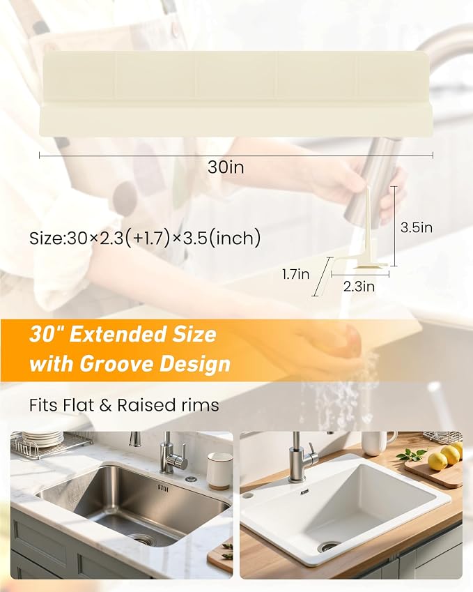 Kitchen Sink Splash Guard 30" 23" 18" Silicone Water Guard with Suction Cups, Faucet & Countertop Protector, Bathroom & Sink Edge Splash Guard Strip, Easy Install, Dishwasher Safe-Cream - Image 4