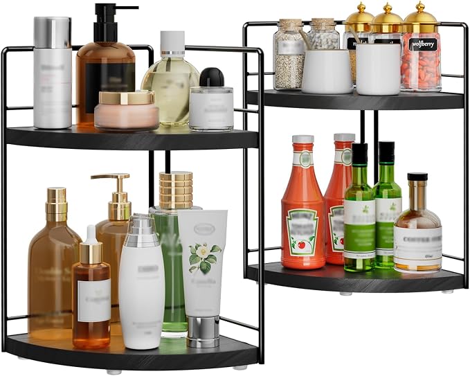 2 Pack Bathroom Counter Organizer,2 Tier Corner Bathroom Organizer | All in One Sturdy Easy Assembly Black Wooden vanity Organizer for Skincare Cosmetics Dresser Kitchen Storage and Organization by BSTSLL