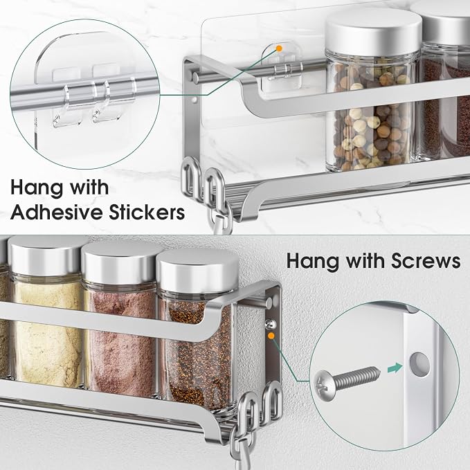 LUCYCAZ 4 Pack Wall Mounted Spice Rack for Kitchen Cabinet,RV,Camper,Sliver | 16 Metal Hooks, Space-Saving,Screw or Adhesive Spice Shelf Hanging,for Pantry Door Spice Jars & Seasonings,11.41×2.75×2.36in - Image 5