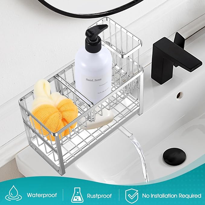 Sinnsally Kitchen Sponge Holder,Sink Caddy Organizer with High Brush Holder,Stainless Steel Sink Box Dish Scrubber Holder,Soap Tray for Kitchen Counter Accessories & Storage Rack (2 Tier - Silver) - Image 7