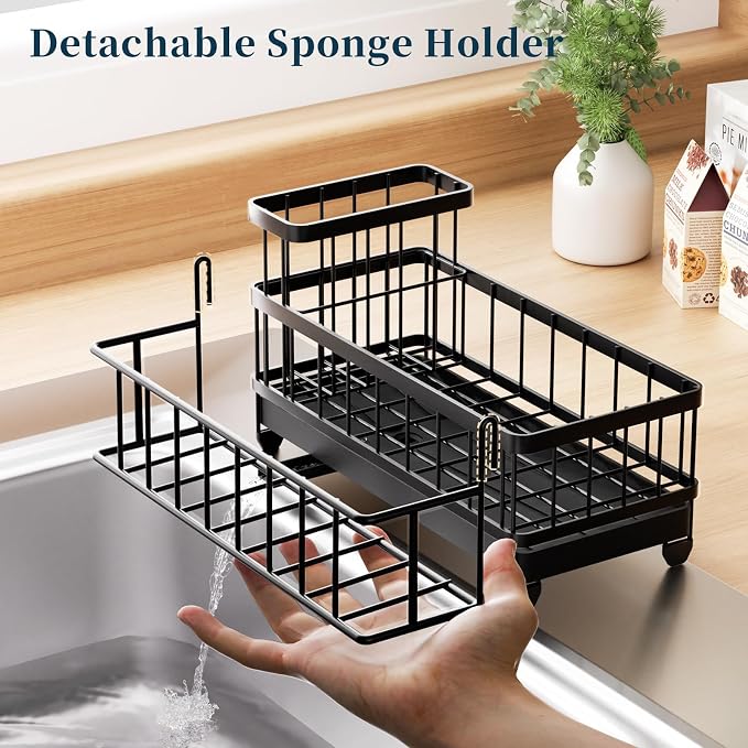 Consumest Sponge Holder for Kitchen Sink - Auto Draining Sink Caddy Organizer with Detachable Rack, High Brush Holder, Kitchen Countertop Storage Accessories, Black - Image 4