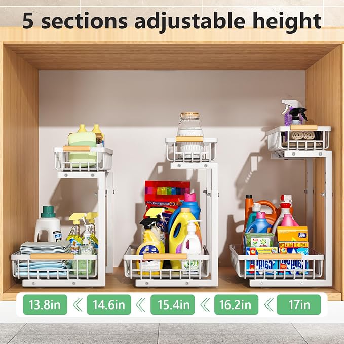 Merrylun Under Sink Organizers,5 Adjustable Height，Metal Pull Out Under Sink Organizers and Storage Shelves with Sliding Drawer, Black, 2 Pack（Hight 13.6″-16.9″） - Image 5