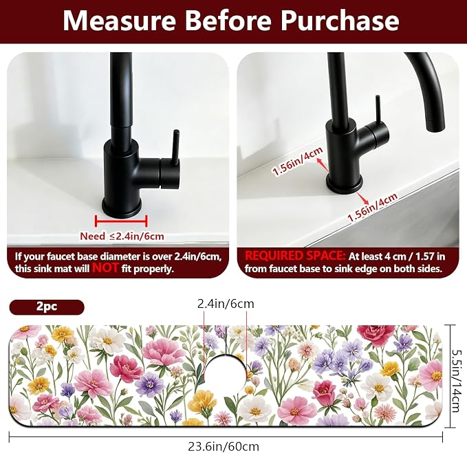 2 Pcs Kitchen Sink Splash Guard Faucet Mat Colorful Watercolor Flowers and Plants Pattern Faucet Mat for Sinks Absorbing Drying Mat for Kitchen Bathroom, 23.6x5.5inch - Image 2
