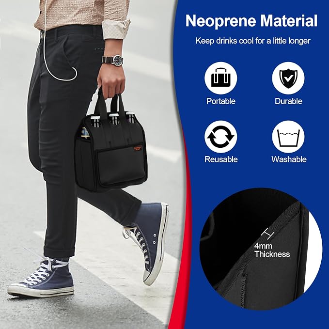 Portable Drinks Tote Bag for 6 PCS Beverage Cans/Bottles, Neoprene Insulated Drinks Can Bottle Carrier Tote Beverages Cans Cooler Bag Holder for Camping, Picnic, Party (Black) - Image 6