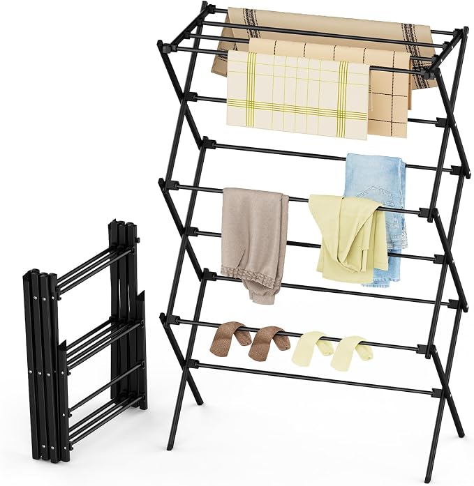 Drying Rack Clothing, 3-Tier Clothes Drying Rack Foldable, Antirust Laundry Drying Rack Collapsible Use for Indoor & Outdoor, 11.8" D x 34.6" W x 35.4" H, Black by Unknown