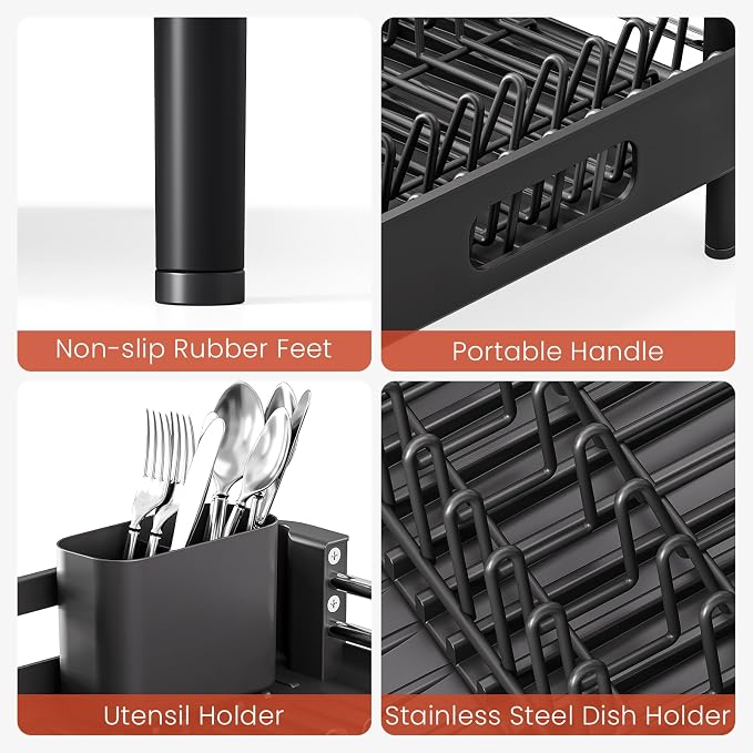 TOOLF Expandable Dish Drying Rack with Cutlery Holder, Standard, Black | Stainless Steel &PP, Extenable 12.6"-18.7"D, Anti-Rust, Auto-Drainage, Space-Saving, Fit for RV, Apartment Sink Countertop - Image 6