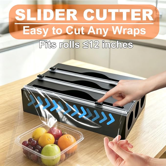 Wrap Dispenser Compatible with Saran, 3 in 1 Cutter Organizer, Black | Three slots hold standard 12-inch rolls, with side loading and wall-mount option to help keep cabinets and counters tidy - Image 6