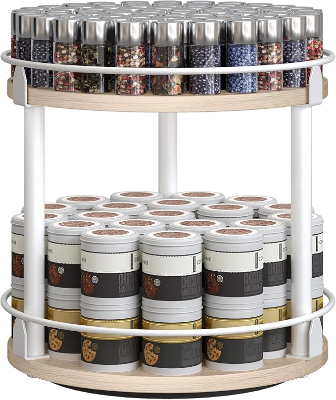 Lazy Susan Organizer, Rotating Spice Rack, 2 Tier Spice Turntable Organizer, Industrial Turntable Spice Holder, for Kitchen Countertop, Compact and Versatile, White and Light Oak SR22WG - Image 9