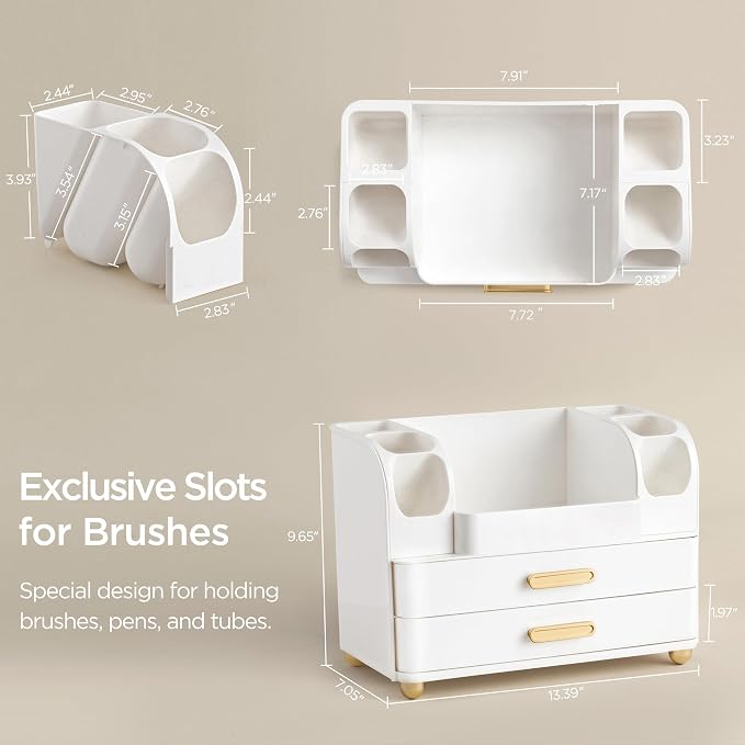 HBlife Makeup Organizer for Vanity with Brush Holder, Large Bathroom Countertop Cosmetic Organizer Skin Care Storage, Easy to Store Lipsticks, Nail Polishes, Perfumes, Eyeshadow Palettes, All White - Image 3