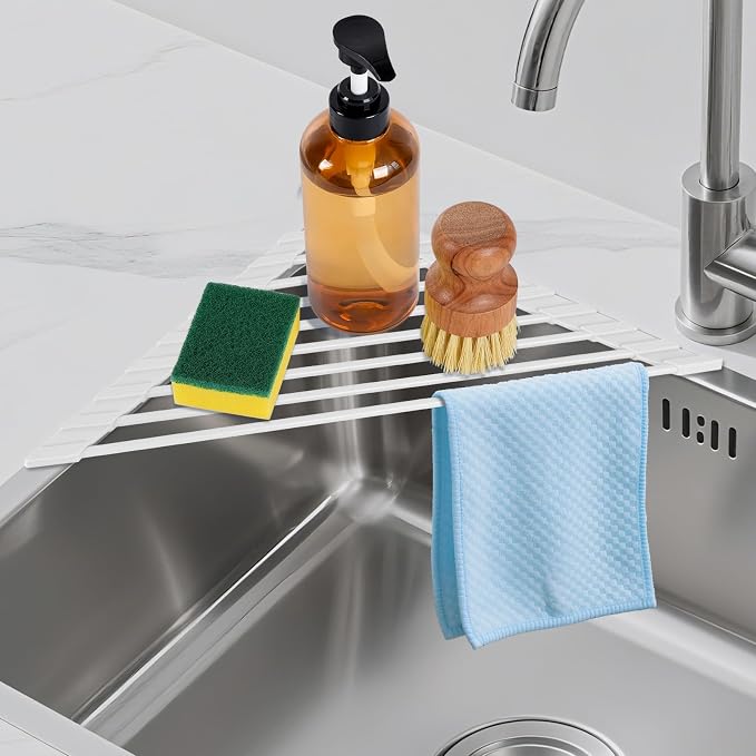 HANZENMA Triangular Sink Rack, Multi-Functional Rack Above the countertop, Foldable Sink Drying mat, Heat-Resistant, Non-Slip, and Rust-Proof Dish Rack (White) by HANZENMA