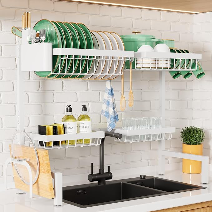Kitsure Adjustable Over The Sink Dish Drying Rack, 26.8" -33.9"x21.5" | Sink Drying Rack for Kitchen Sink, Dish Rack Over Sink with Cutlery & Utensil Holders, Kitchen Storage, White by Kitsure