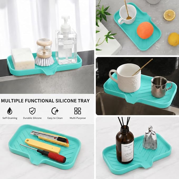 MicoYang Silicone Soap Dish with Drain Spout — Self-Draining Sink Organizer Tray for Bathroom & Kitchen, Sponges, Dispensers & Soap Holder, Non-Slip & Dishwasher Safe, Mint (Medium, 9.6"×5.3") - Image 9