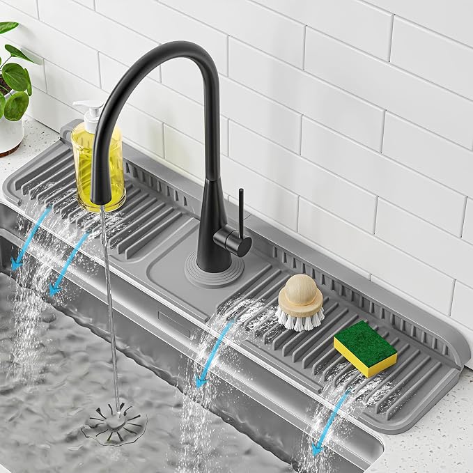 PoYang 24 Inch Faucet Mat for Kitchen Sink Splash Guard, Silicone, Grey | Sink Protectors with 7° Slope for Smooth Drainage, Snap Button Holds It in Place, 90° Foldable & Cuttable Hole Fit Most Sinks by PoYang
