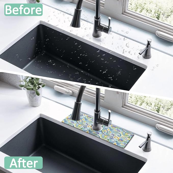 Kitchen Sink Splash Guard Faucet Mat 24" X 5.5" Paisley Absorbent Fast Drying Mat Faucet Draining Mat Sink Splash Guard Behind Faucet Drip Catcher for Kitchen Bathroom - Image 7