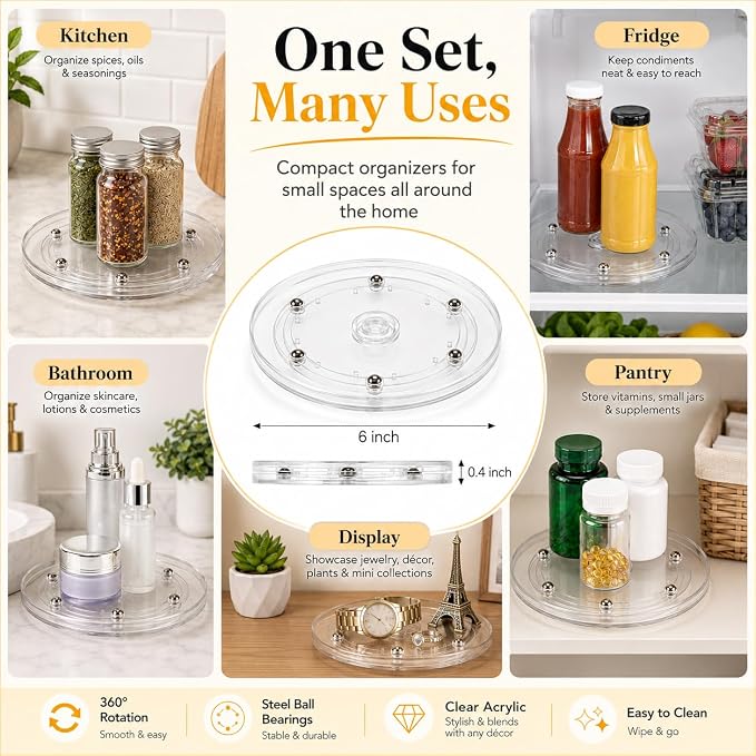6 Pack 6 inch Small Lazy Susan, Lazy Susan Turntable Organizer, 360 Degree Round Rotating Tray for Spice Rack, Bathroom Vanity, Kitchen Cabinet and Countertop Storage - Image 7
