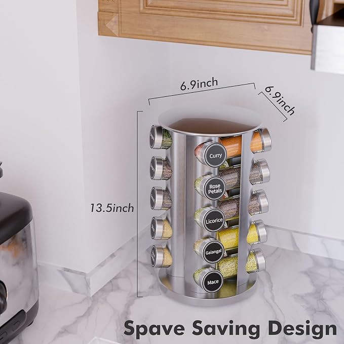 Revolving Spice Rack Set with 20 Spice Jars, Kitchen Spice Tower Organizer for Countertop or Cabinet - Carousel Storage Includes 386 Spice Labels (Silver) - Image 4