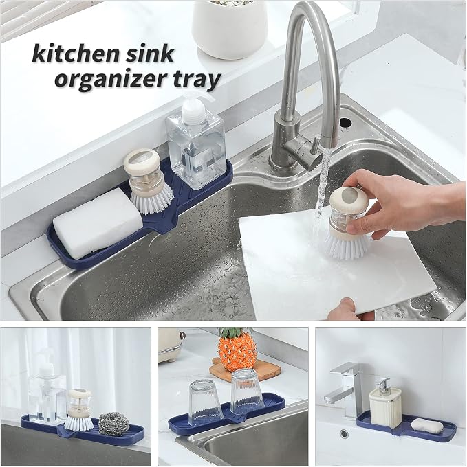 MicoYang Silicone Soap Dish with Drain Spout — Self-Draining Double Sink Organizer Tray for Kitchen & Bathroom, Dispensers, Sponges & Soap Holder, Non-Slip & Dishwasher Safe, Navy Blue (Large, 12"×4") - Image 5