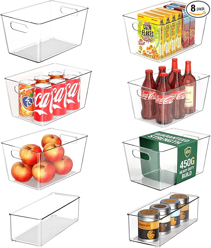 Set of 8 Pantry Organizers and Storage, Clear Plastic Bins(6L+2S) | BPA-free PETG storage containers with handles, ideal for kitchen, fridge, bathroom, cabinet, office, and garage organization by JOYMEEZO
