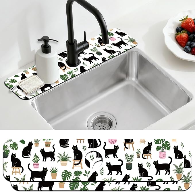 2 Pcs Kitchen Sink Splash Guard Faucet Mat Potted Cat Pattern Faucet Mat for Sinks Flower Absorbing Drying Mats for Kitchen Bathroom by CONCHLERY%E6%97%97%E8%88%B0%E5%BA%97