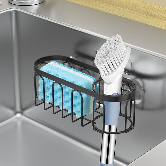 2-in-1 Sponge Holder for Kitchen Sink, Sink Caddy Kitchen Sink Organizer with 3 Suction Cups, No Drill Rustproof Sink Sponge Holder for Dish Brush, Soap & Sponge (Black) - Image 5