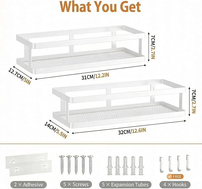PUSDON 2-Pack Minimalist Shower Caddy Wall Mount, Open Frame Bathroom Shelf Organizer with Mesh Base, Rustproof Floating Spice Rack for Kitchen, Holds 50 LBS, 4 Hooks - White, Guardrail - Image 3
