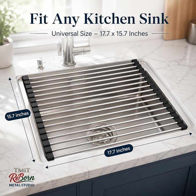Over the Sink Roll Up Dish Drying Rack – Stainless Steel Collapsible Dish Drainer, Kitchen Sink Organizer for Counter & Sink, 17.7" x 15.7 - Image 2