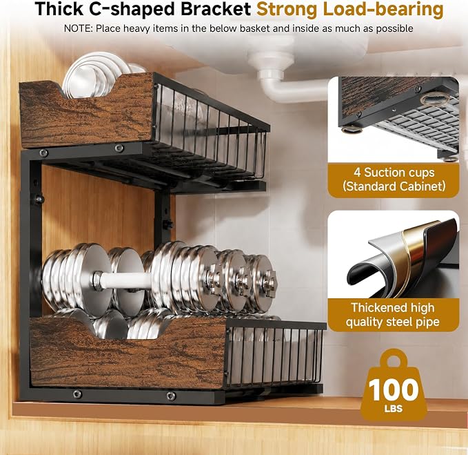 Pull Out Cabinet Organizer 2 Tier Metal Under Sink Organier | Shelf 5 Adjustable Height, Wood Handle, Anti Topple Over, Sturdy Slide out Storage Rack for Bathroom Kitchen Home Pantry - Image 6