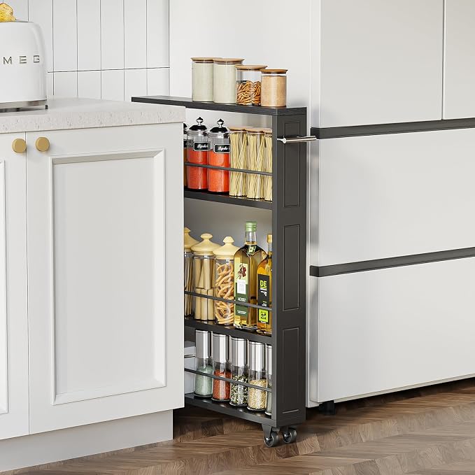 KLM Rolling Storage Cart 4-Tier Black Kitchen Cart with Wheels, Slim Storage Cart with Handle Slide Out Utility Cart Shelving Unit Organizer Trolley for Laundry Narrow Places Bathroom Small Corner - Image 2