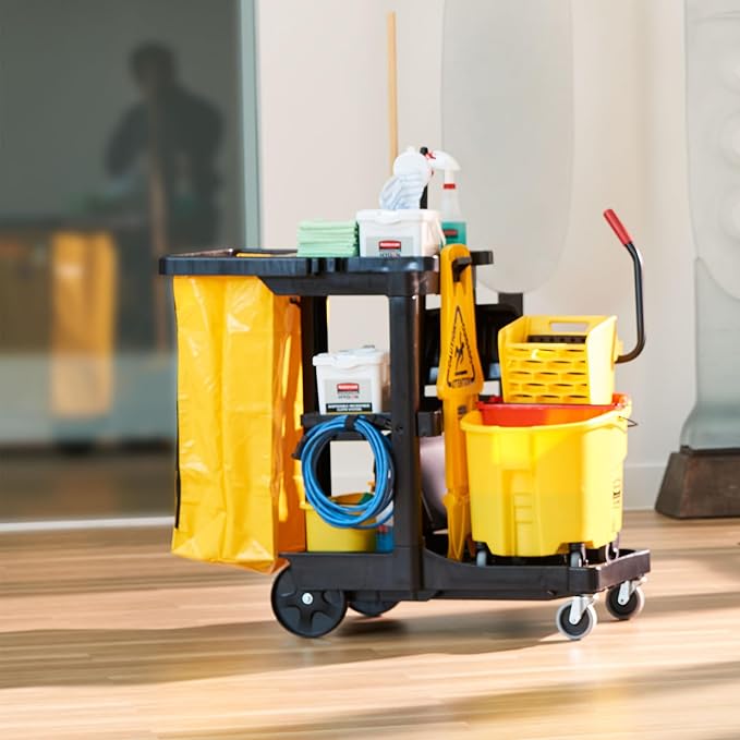 Rubbermaid Commercial Traditional Janitorial 3-Shelf Cleaning Cart, Wheeled with Zippered Yellow Vinyl Bag, for Business/School/Office/Janatorial Cleaning - Image 5