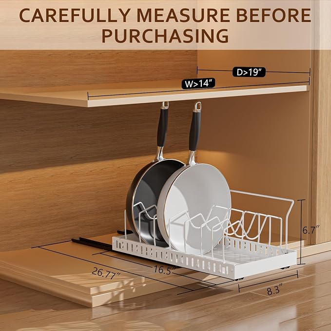 White Pull Out Pot Lid Organizer, Cabinet Pan Rack, 8 Dividers | 2-pack black carbon steel rack, 16 adjustable dividers, quiet slide rails, adhesive or screw mount for lids, pans, bakeware - Image 2