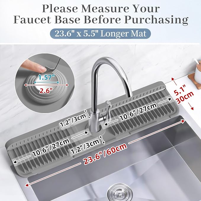 PoYang 24 Inch Faucet Mat for Kitchen Sink Splash Guard, Silicone, Grey | Sink Protectors with 7° Slope for Smooth Drainage, Snap Button Holds It in Place, 90° Foldable & Cuttable Hole Fit Most Sinks - Image 3