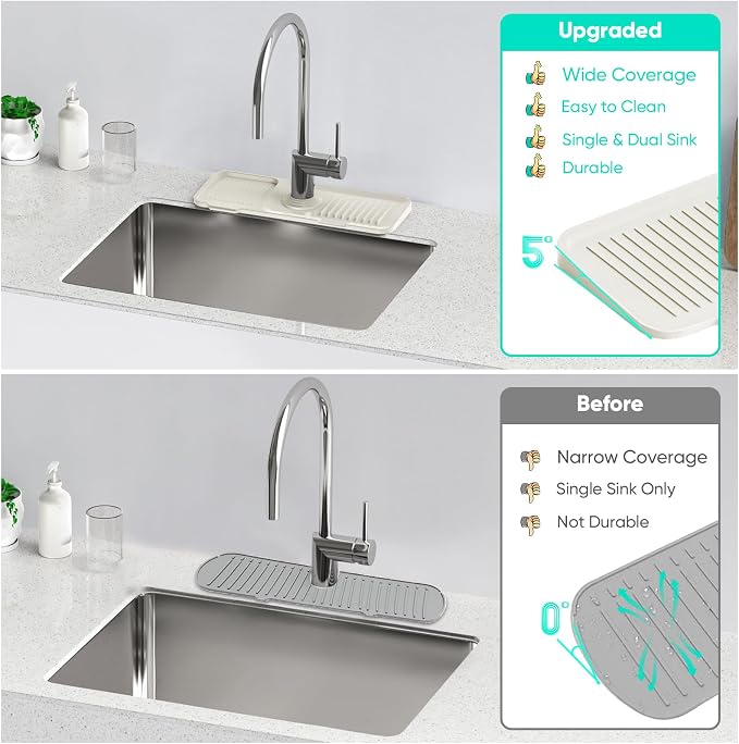 14.6 inch Faucet Mat for Kitchen Sink [5°Slope Fast Self-draining] Faucet Mat Kitchen Sink Splash Guard Silicone Sink Splash Guard Kitchen Sink Area Tidy Splash Faucet Guard Draining Mat-Beige - Image 6
