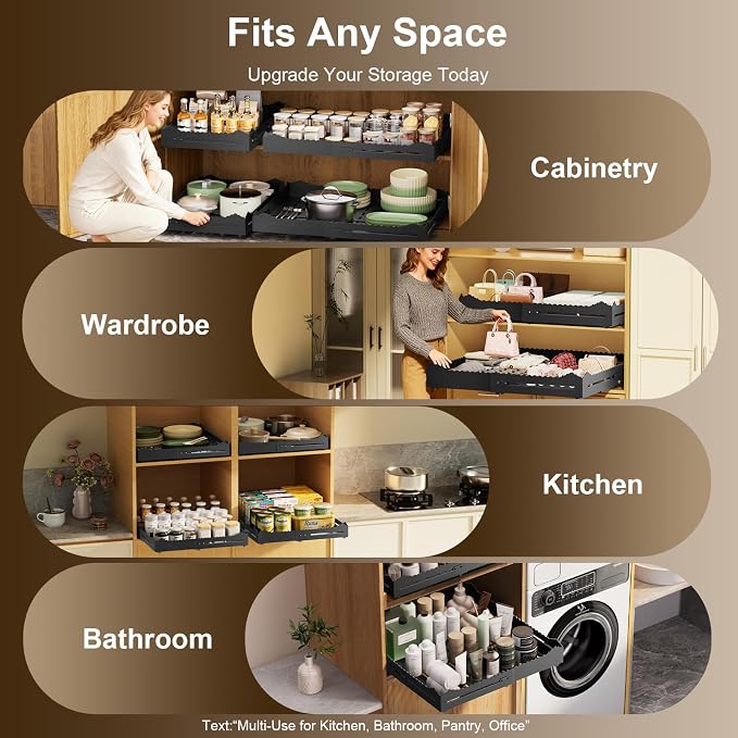 Pull Out Drawers for Cabinets, Expandable Pull Out Cabinet Organizer 11-18" Width,13-24" Depth, Roll out Shelves for Cabinets Without Lip, No Drill Adjustable Slide out Drawers for Kitchen & Pantry - Image 5