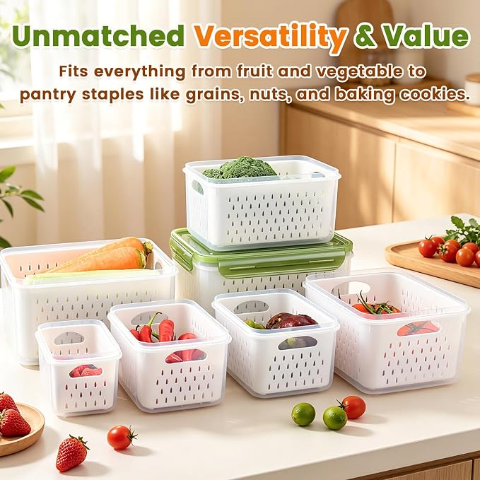 TBMax 8 Pieces Airtight Fruit Storage Containers for Fridge with Air Circulation Vent, 4 Pack Produce Saver with Colander for Berry Lettuce Salad Vegetable Storage, Refrigerator Organizers - Image 6