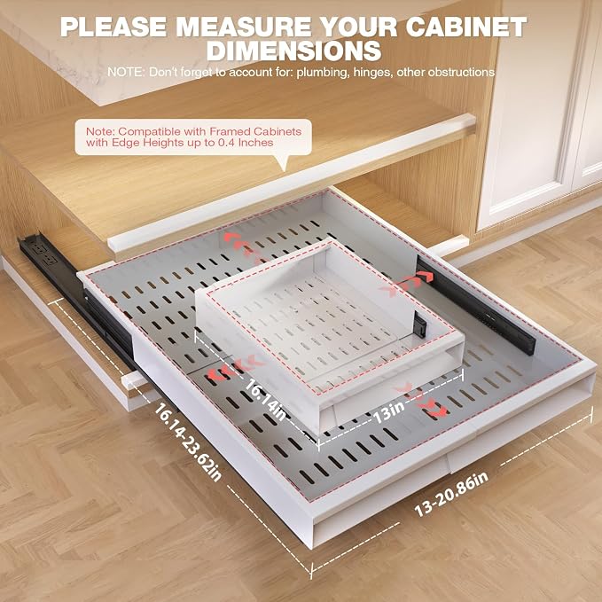 Seinloes Pull Out Cabinet Organizer, 4-Side Expandable to Fit Most Cabinets, 3 Rail Slide Out Drawers with Raising Pad for Framed & Frameless Cabinets, 13"-21"W x 17"-24"D, White, 4 Pack - Image 3
