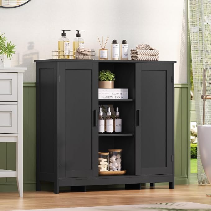 Iwell Storage Cabinet with 2 Doors and 4 Storage Shelves, Bathroom Cabinet, Cupboard for Living Room, Home Office, Entryway, Black - Image 9