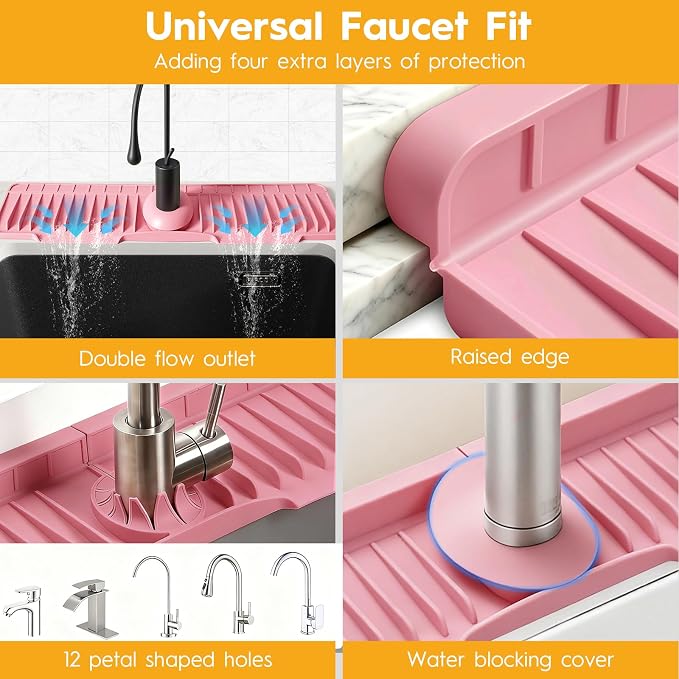 16" Silicone Faucet Mat for Kitchen Sink of The Lastest, Pink | 8° Slope Fast Self-draining, Kitchen Sink Water Splash Guard, Behind Faucet Draining Mat, for Bathroom Kitchen Sink Area - Image 7