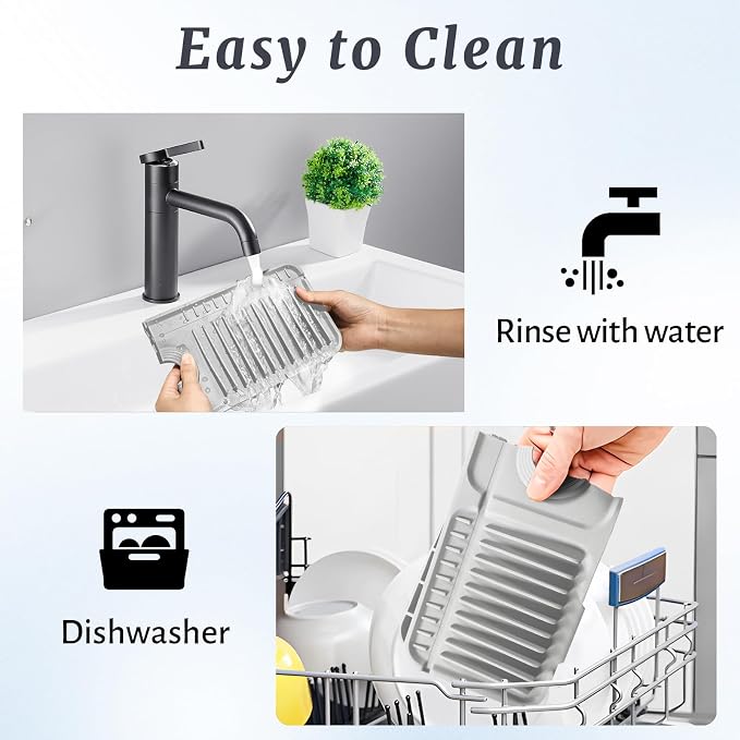PoYang 17.7 Inch Faucet Mat for Kitchen Sink Splash Guard, Light Grey | Sink Protectors with 7° Slope for Smooth Drainage, Snap Button Holds It in Place, 90° Foldable & Cuttable Hole Fit Most Sinks - Image 8