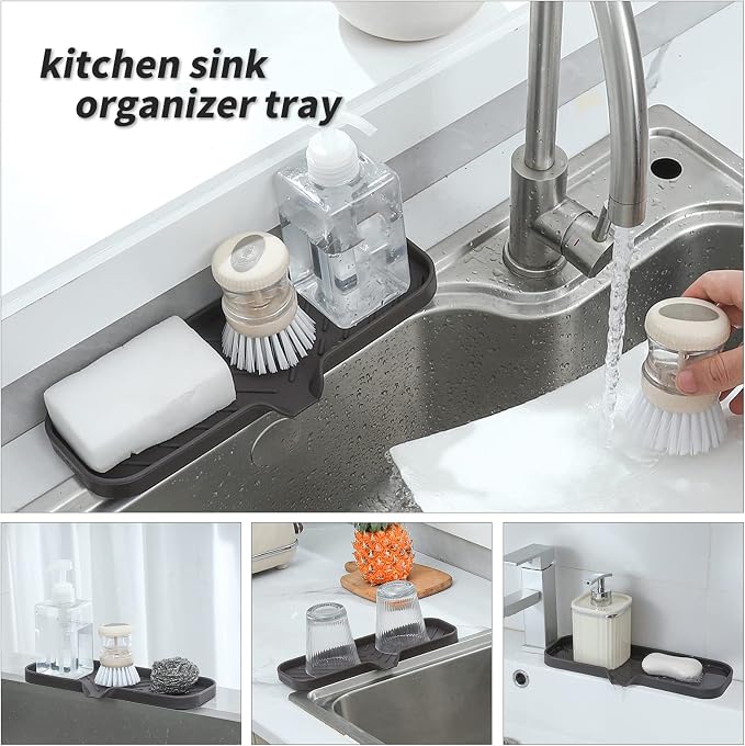 MicoYang Silicone Soap Dish with Drain Spout — Self-Draining Double Sink Organizer Tray for Kitchen & Bathroom, Dispensers, Sponges & Soap Holder, Non-Slip & Dishwasher Safe, Coffee (Large, 12"×4") - Image 5