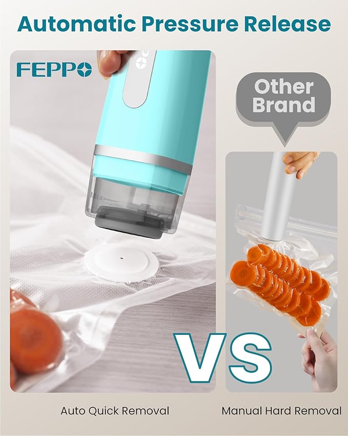 FEPPO Vacuum Sealer for Food with Visible Water Tank, Handheld Saver Compact Vacuum Sealer Machine with 30 Reusable Bags for 6X Preservation & Fresh, Teal - Image 3