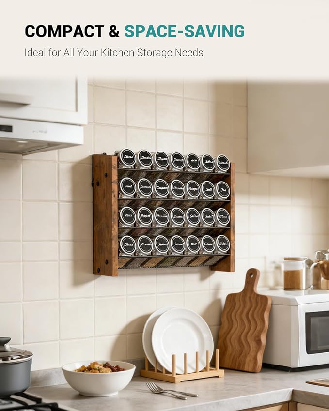 Spice Rack Organizer with 28 Glass Jars, for Cabinet Wall Mount Countertop | 4-Tier Seasoning Organizer with Labels, Chalk Marker & Funnel for Pantry, Kitchen Storage, Wood, 14 in W x 9.4 in H - Image 6